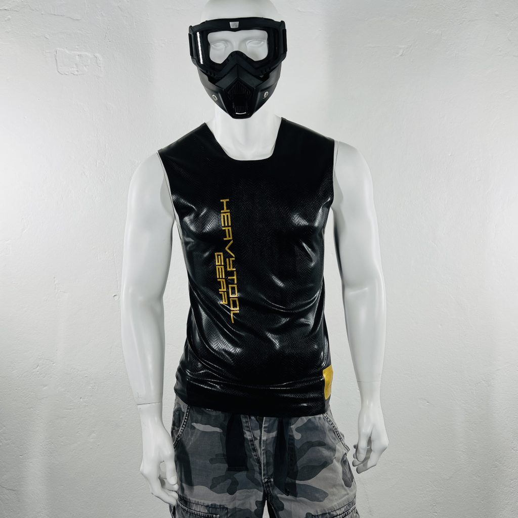 latex-rubber-fashion-fetish-heavytool-gear-black-gold-sleeveless-handmade-reptile-embossed