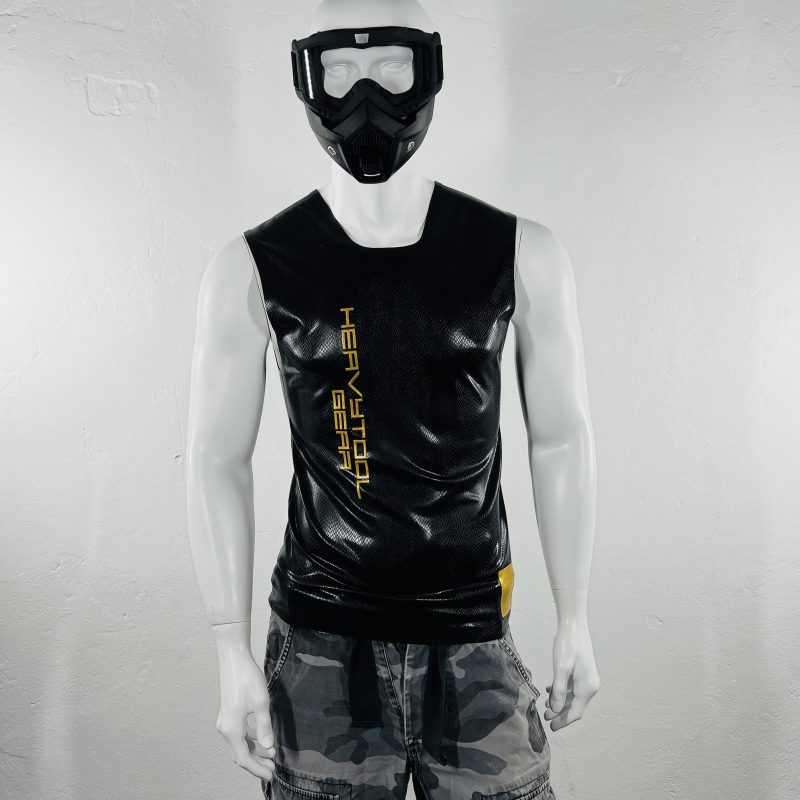 latex-rubber-fashion-fetish-heavytool-gear-black-gold-sleeveless-handmade-reptile-embossed