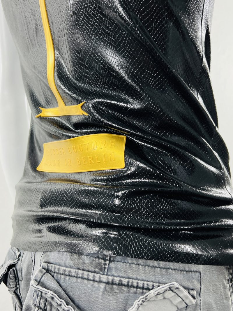 latex-rubber-fashion-fetish-heavytool-gear-black-gold-sleeveless-handmade-reptile-embossed