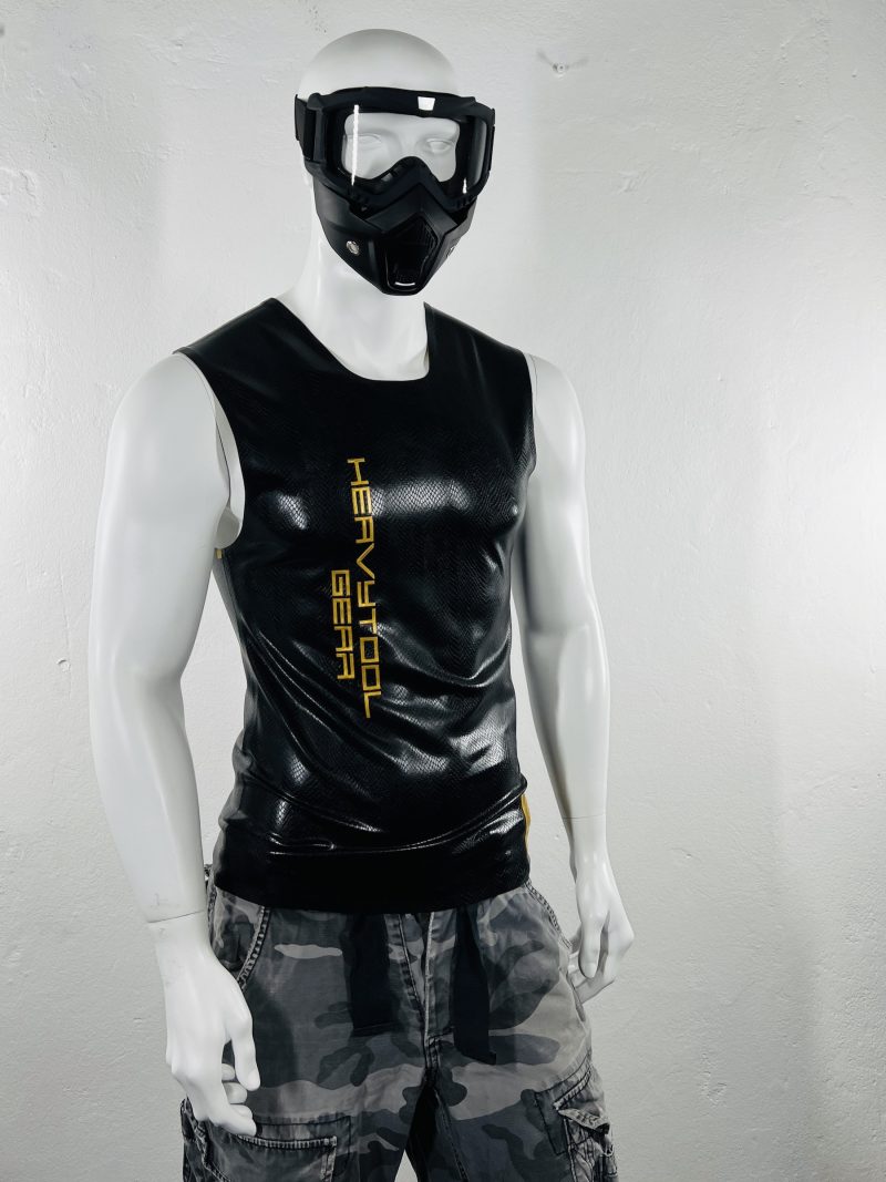 latex-rubber-fashion-fetish-heavytool-gear-black-gold-sleeveless-handmade-reptile-embossed