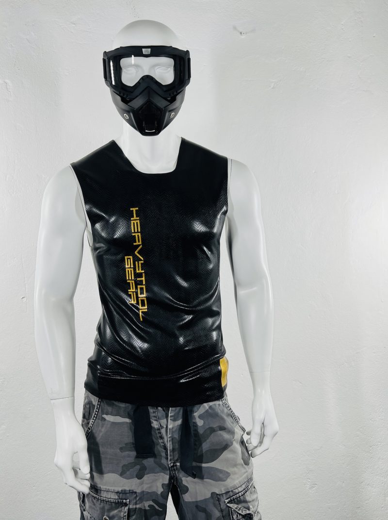 latex-rubber-fashion-fetish-heavytool-gear-black-gold-sleeveless-handmade-reptile-embossed