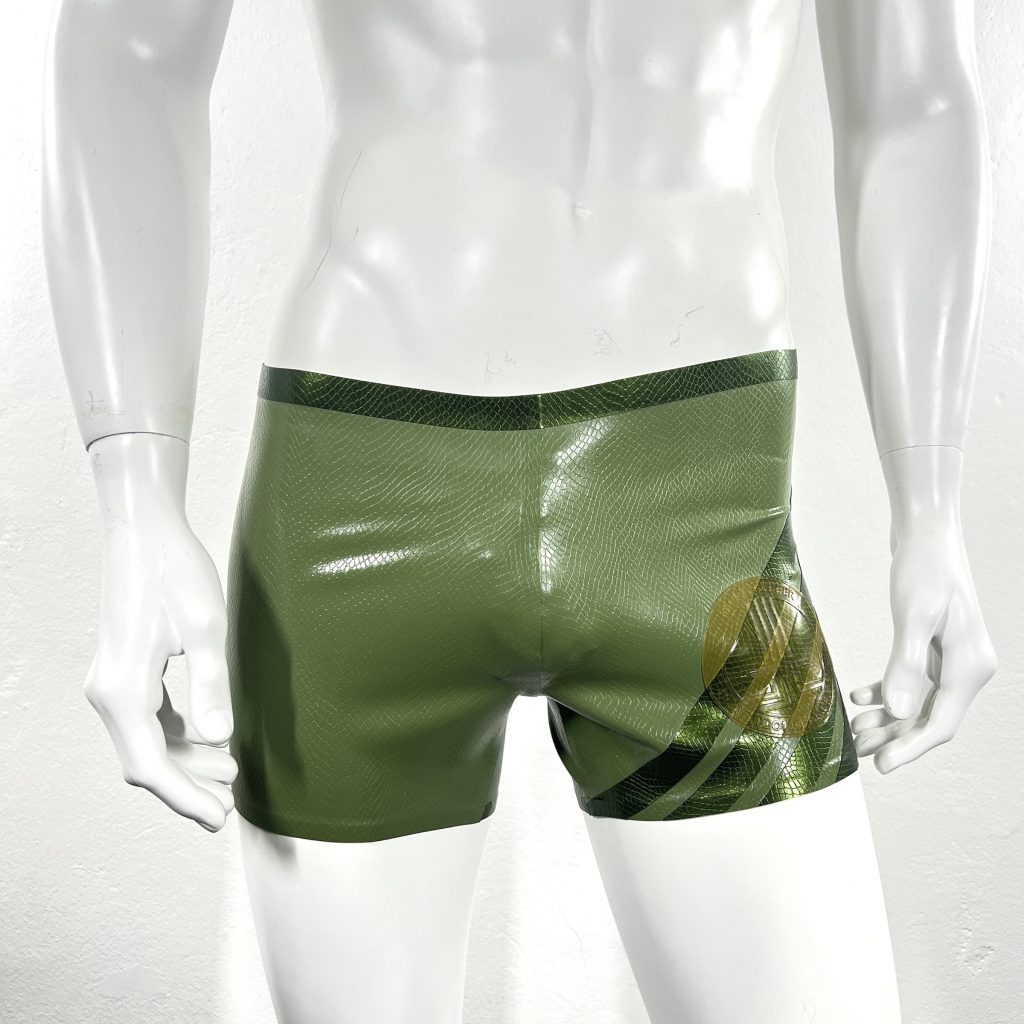 latex-rubber-fashion-fetish-heavytool-gear-oliv-green-shorts-trunks-handmade-reptile-embossed