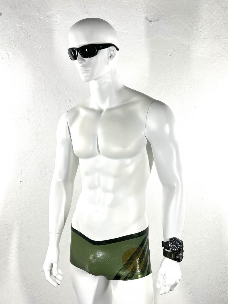 latex-rubber-fashion-fetish-heavytool-gear-oliv-green-swim-trunks-handmade-reptile-embossed
