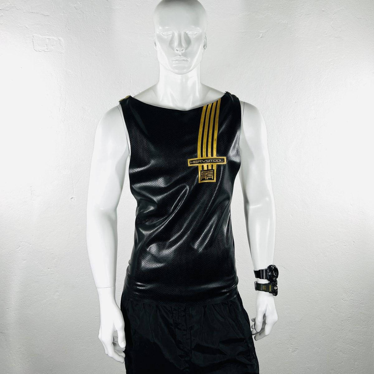 latex-rubber-fashion-fetish-heavytool-gear-sleeveless-gold-black-handmade-reptile-embossed
