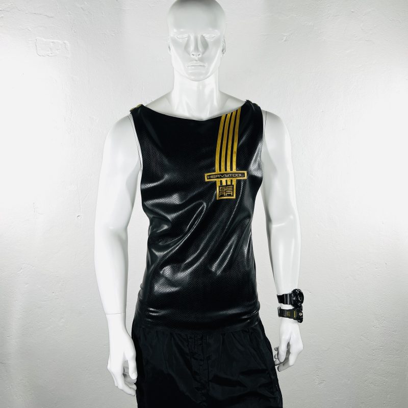 latex-rubber-fashion-fetish-heavytool-gear-sleeveless-gold-black-handmade-reptile-embossed
