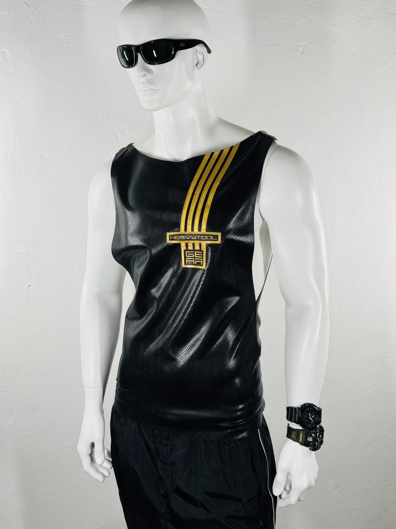 latex-rubber-fashion-fetish-heavytool-gear-sleeveless-gold-black-handmade-reptile-embossed