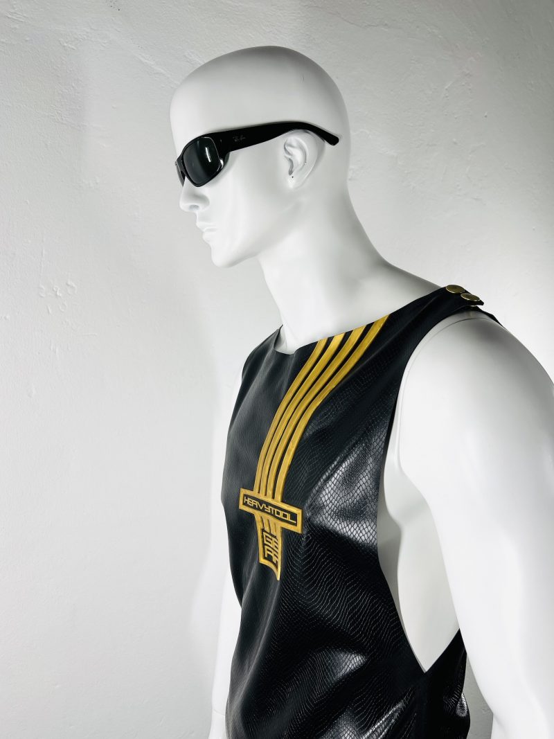 latex-rubber-fashion-fetish-heavytool-gear-sleeveless-gold-black-handmade-reptile-embossed
