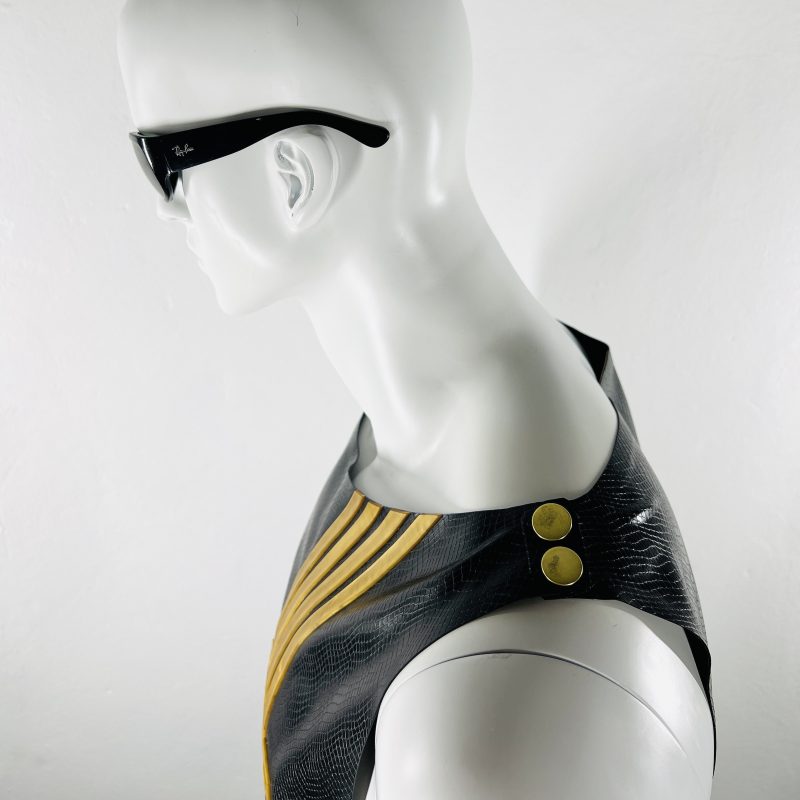 latex-rubber-fashion-fetish-heavytool-gear-sleeveless-gold-black-handmade-reptile-embossed
