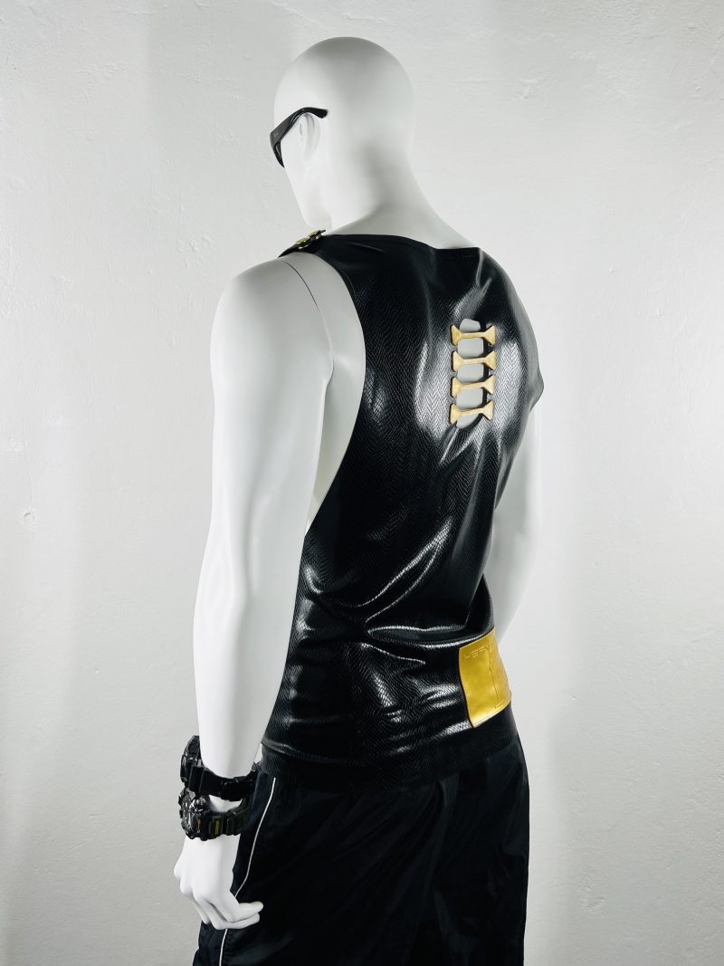 latex-rubber-fashion-fetish-heavytool-gear-sleeveless-gold-black-handmade-reptile-embossed