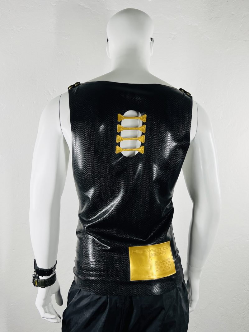 latex-rubber-fashion-fetish-heavytool-gear-sleeveless-gold-black-handmade-reptile-embossed
