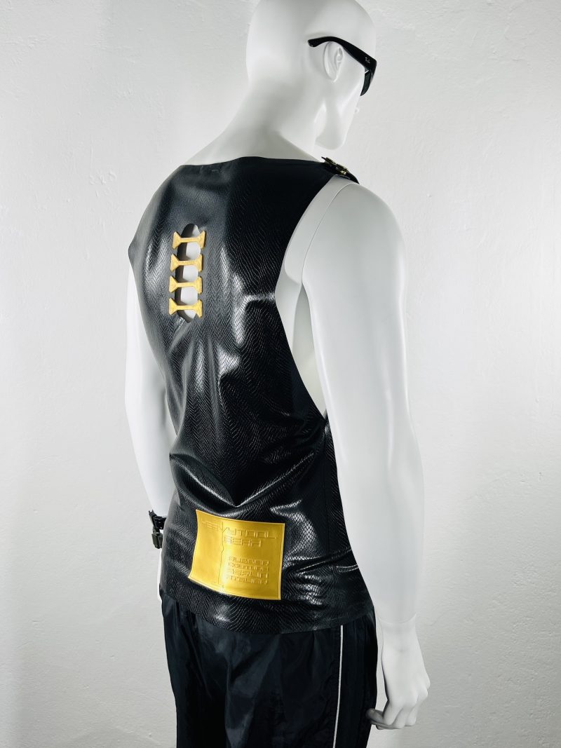 latex-rubber-fashion-fetish-heavytool-gear-sleeveless-gold-black-handmade-reptile-embossed