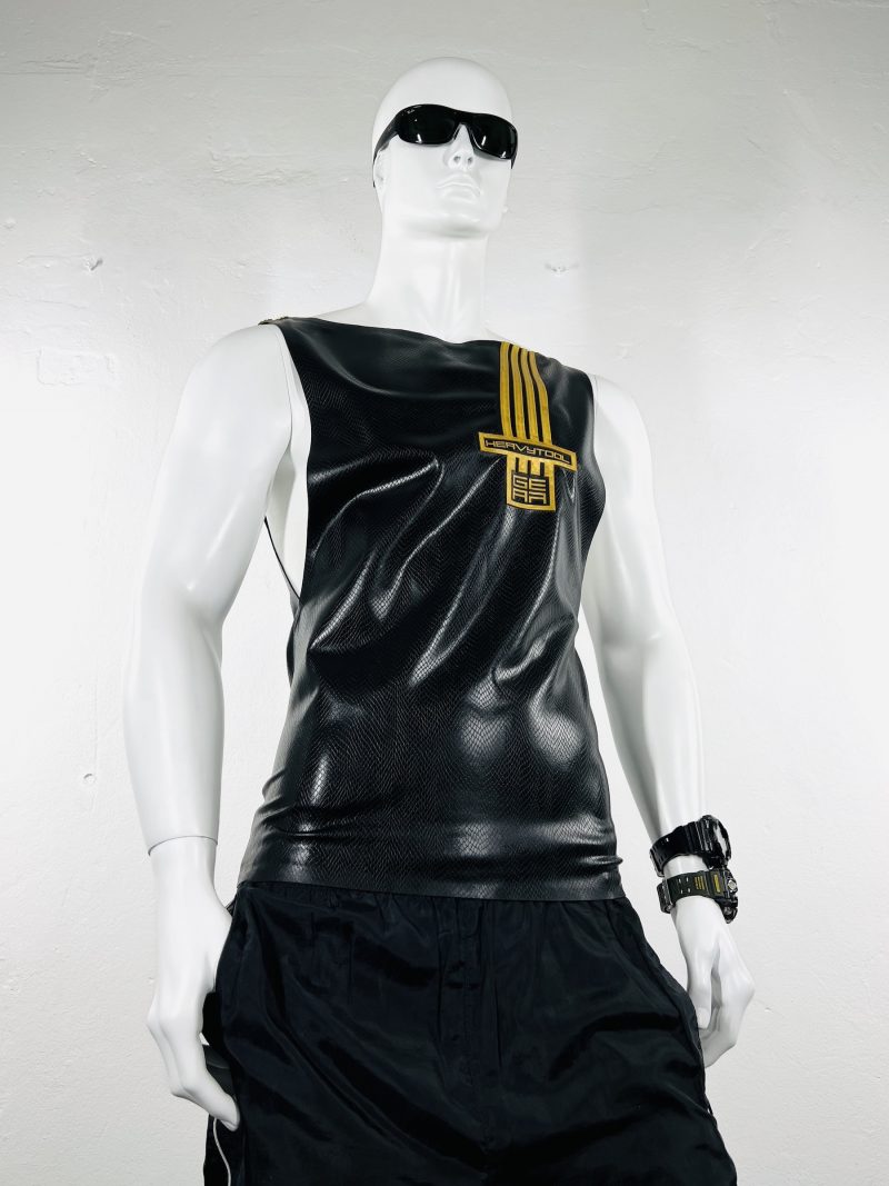 latex-rubber-fashion-fetish-heavytool-gear-sleeveless-gold-black-handmade-reptile-embossed