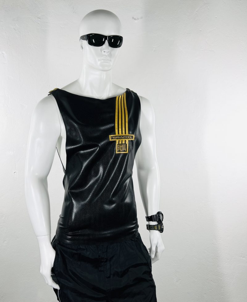latex-rubber-fashion-fetish-heavytool-gear-sleeveless-gold-black-handmade-reptile-embossed