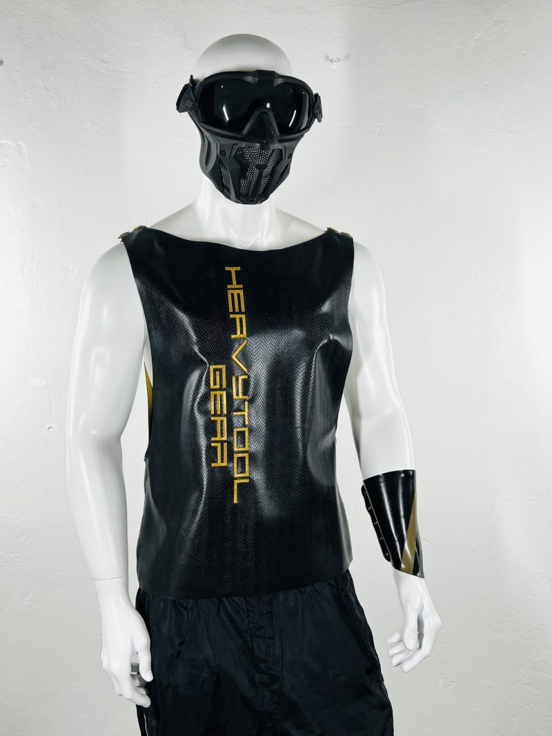 latex-rubber-fashion-fetish-heavytool-gear-sleeveless-gold-black-handmade-reptile-embossed