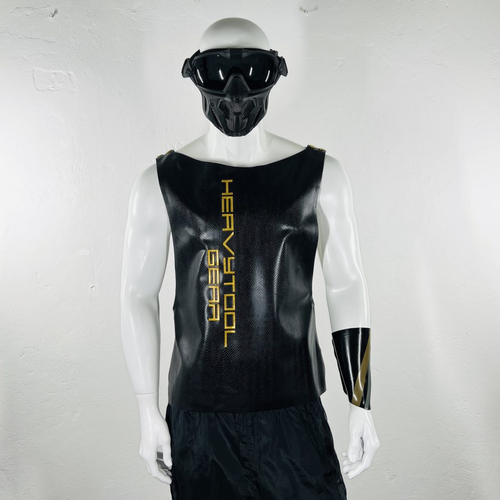 latex-rubber-fashion-fetish-heavytool-gear-sleeveless-gold-black-handmade-reptile-embossed