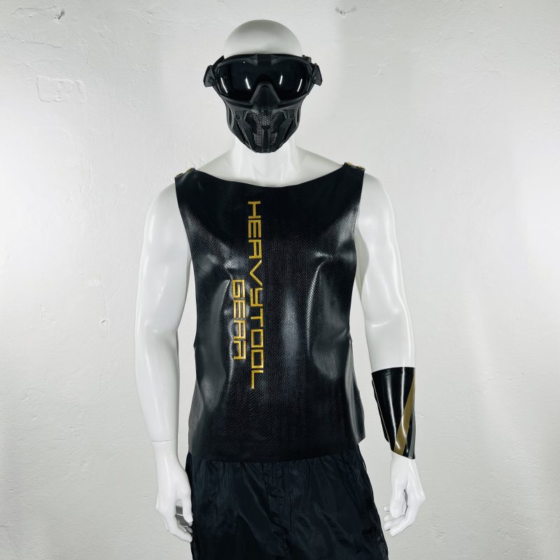 latex-rubber-fashion-fetish-heavytool-gear-sleeveless-gold-black-handmade-reptile-embossed