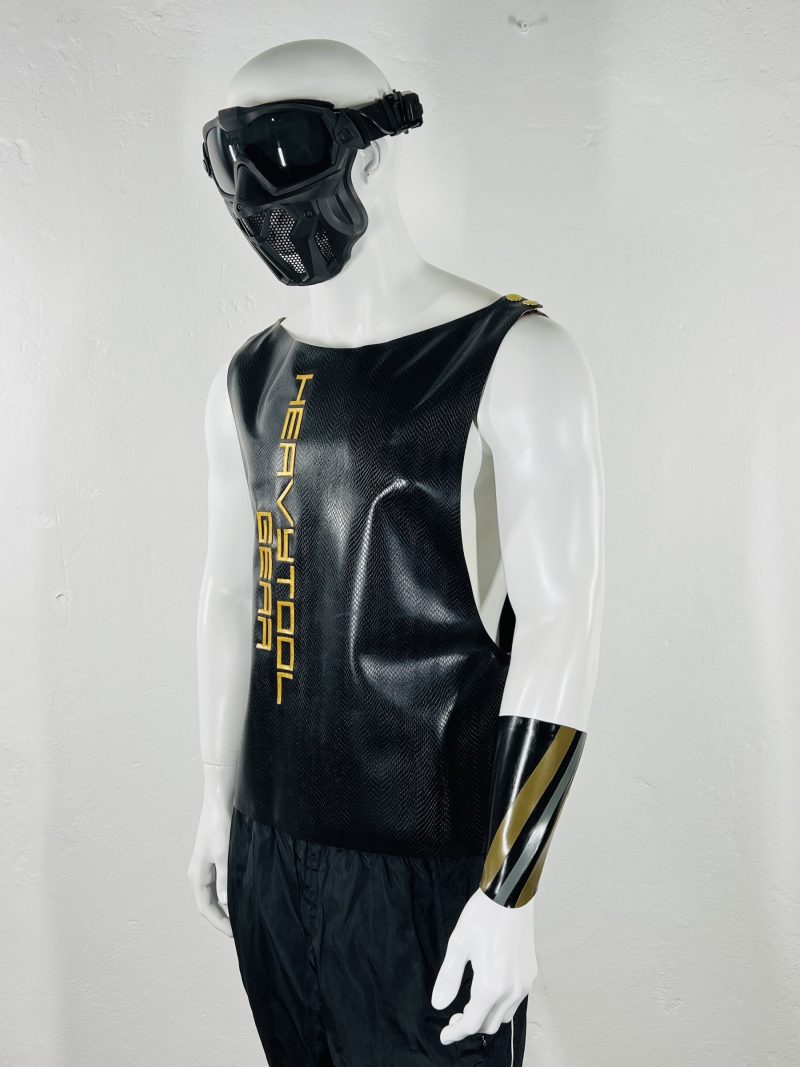 latex-rubber-fashion-fetish-heavytool-gear-sleeveless-gold-black-handmade-reptile-embossed
