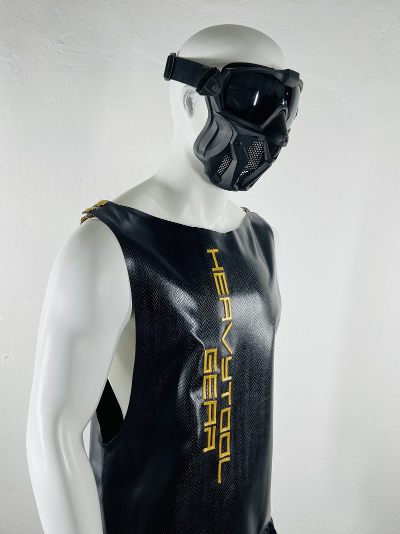 latex-rubber-fashion-fetish-heavytool-gear-sleeveless-gold-black-handmade-reptile-embossed