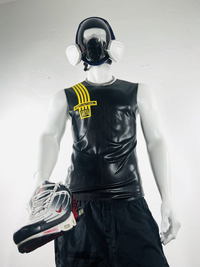 latex-rubber-fashion-fetish-heavytool-gear-sleeveless-yellow-black-handmade-reptile-embossed