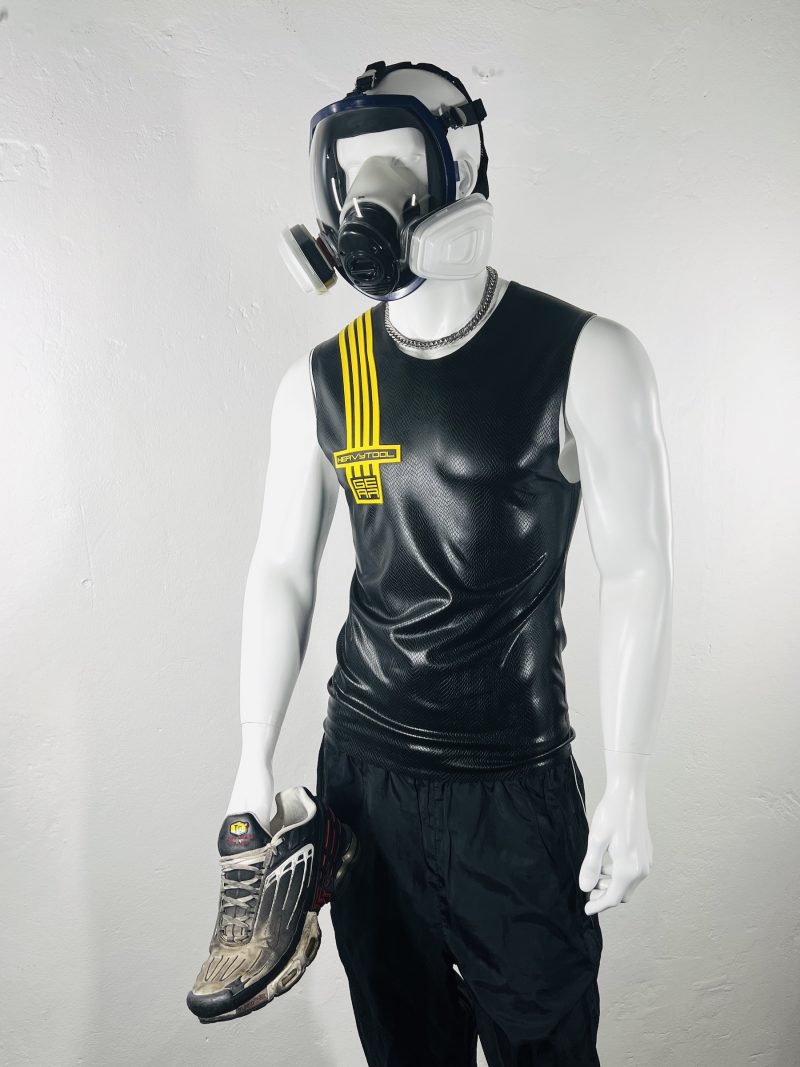 latex-rubber-fashion-fetish-heavytool-gear-sleeveless-yellow-black-handmade-reptile-embossed