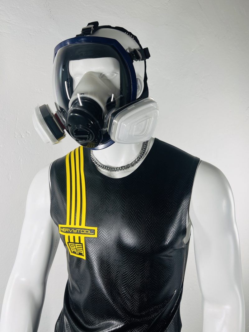 latex-rubber-fashion-fetish-heavytool-gear-sleeveless-yellow-black-handmade-reptile-embossed